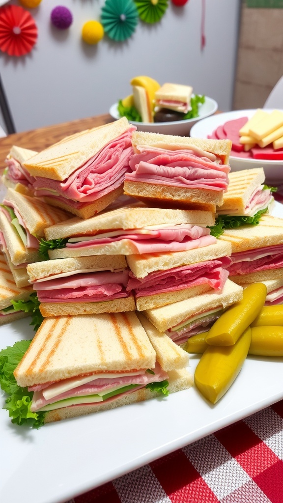 A vibrant assortment of sandwiches on a platter, showcasing turkey, ham, roast beef with fresh vegetables and pickles.
